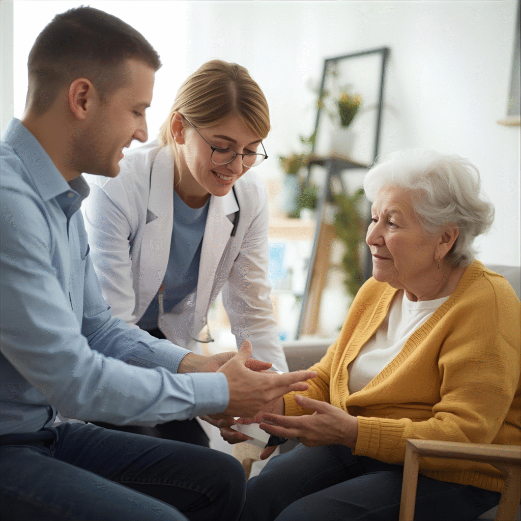 Pflegeberatung zeigt Angehörigem wie man Senior richtig pflegt